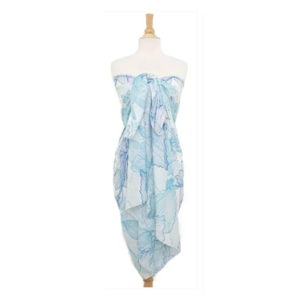 Sarong Pareo  Wrap Dress White With-Ice Blue-Hibiscus Designs 100% Terryvoile